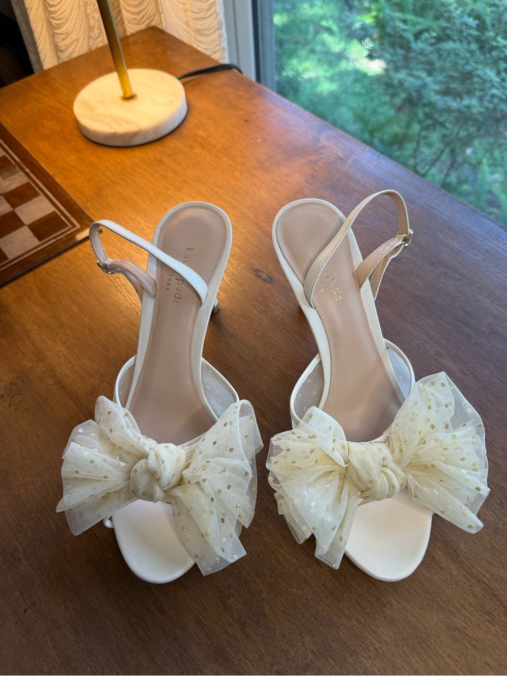 Kate Spade 9 Bridal Sparkle Heels Tulle Bow Satin Parchment & Gold